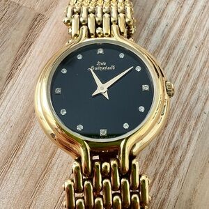 Vintage little Switzerland ladies black dial gold tone dress watch NEW BATTERY